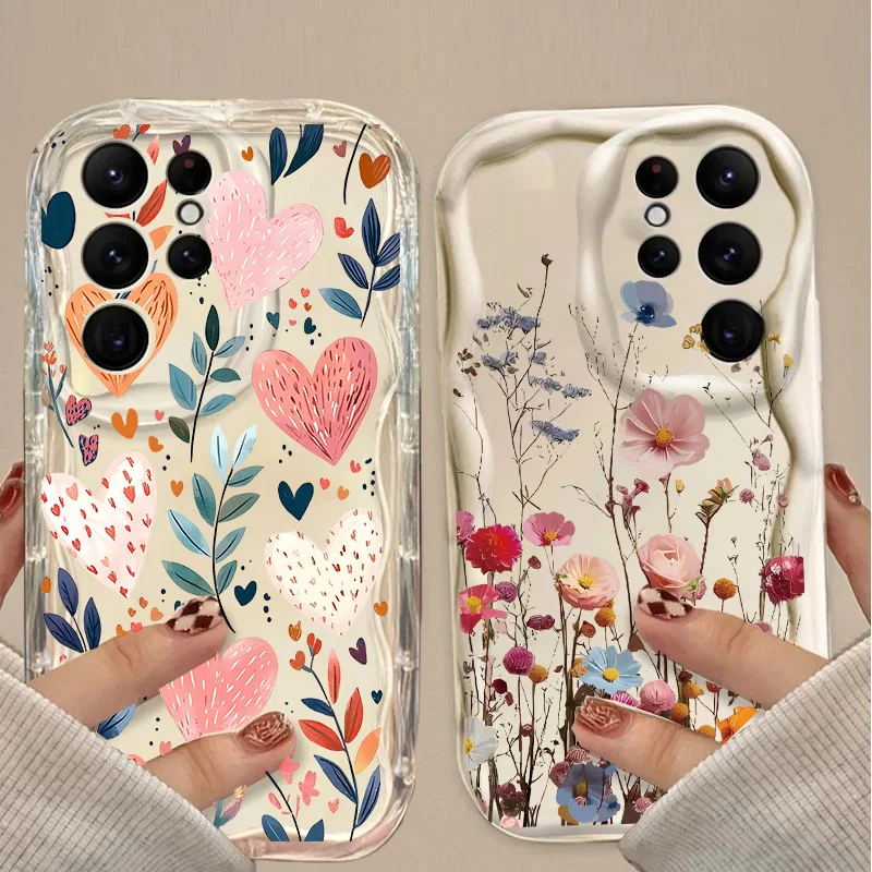 Fashion Love Heart Leaves Flower Tulip Print Wavy Phone Case