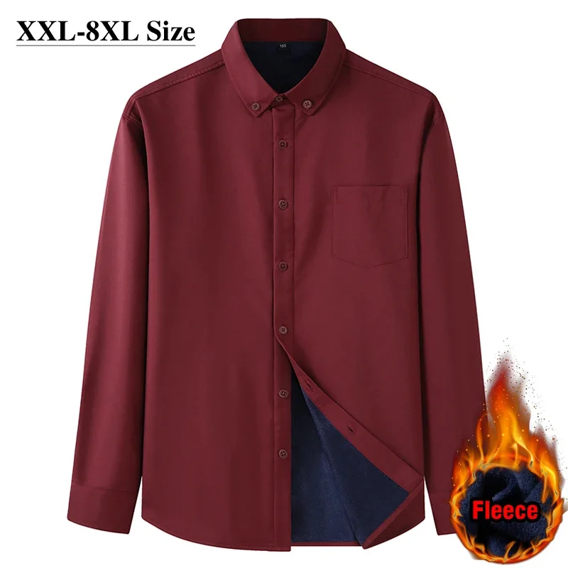 

8XL 10XL 7XL Oversized Men's Fleece Shirt Winter Warm Office Profession Solid Color Casual Long Sleeves Brand Clothes Plus Size