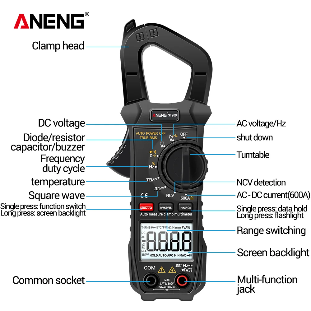 ANENG ST209 Multimètre Numérique Pince Compteur 6000 Compte Vrai RMS Amp  DC/AC Courant Pince Testeur Compteurs Voltmètre Automatique Gamme Affichage  LCD 