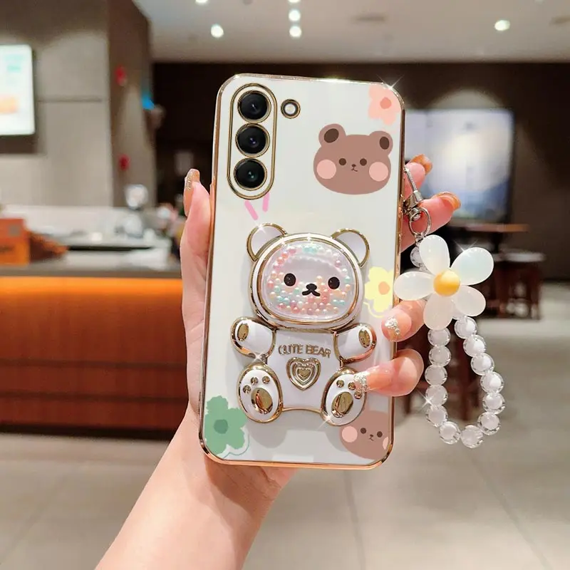 Charming Floral Bear Lanyard Phone Holder Case with Stand Feature