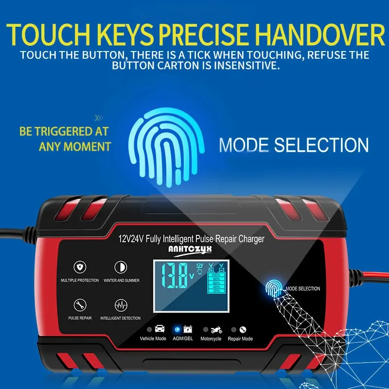 EAFC Car Battery Charger 12/24V 8A Touch Screen Pulse Repair Digital LCD Display Smart Fast Charger Charging for Car Motorcycle