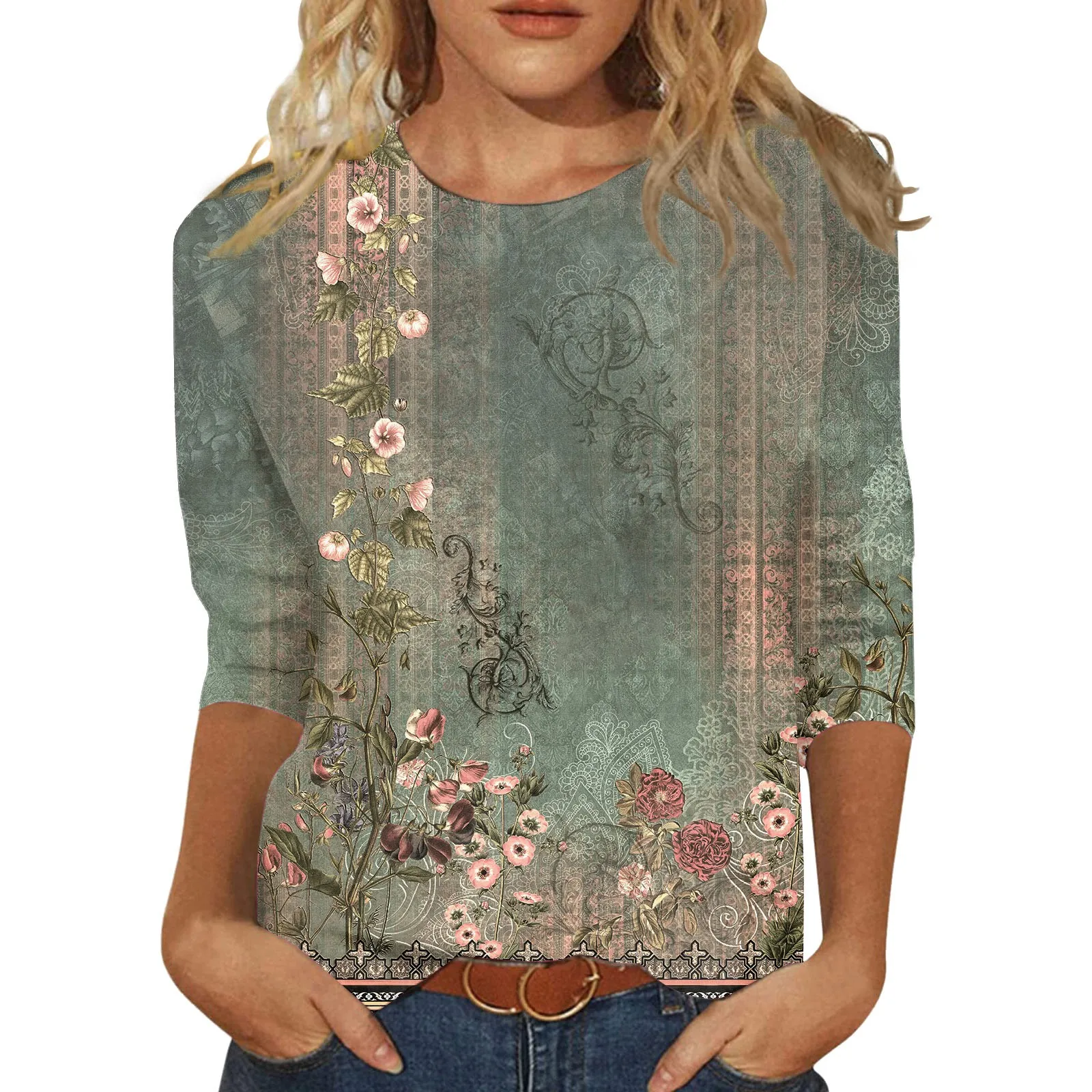 

Elegant Floral Embroidery Vintage T-Shirts Women Three Quarter Sleeve Round Neck Loose T Shirt Chinese Style Fashion T-Shirt Top