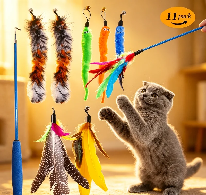 Retractable Cat Feather Wand Toy Set with 10 Refills