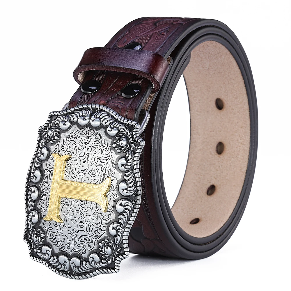 Western Belt Men Genuine Leather Belts for Men Women Cowboy Cowgirl Big Letters Buckle Gold Male Belts Long Black Brown Quality