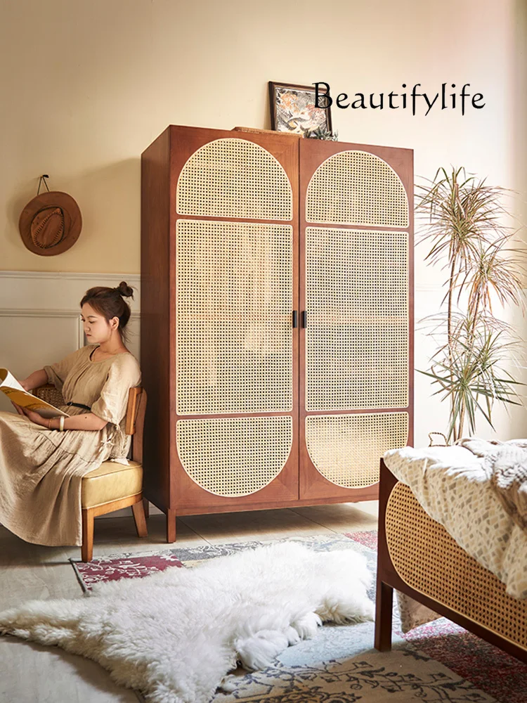 

Nordic Vintage Wardrobe Rattan Solid Wood Household Minimalist Wardrobe