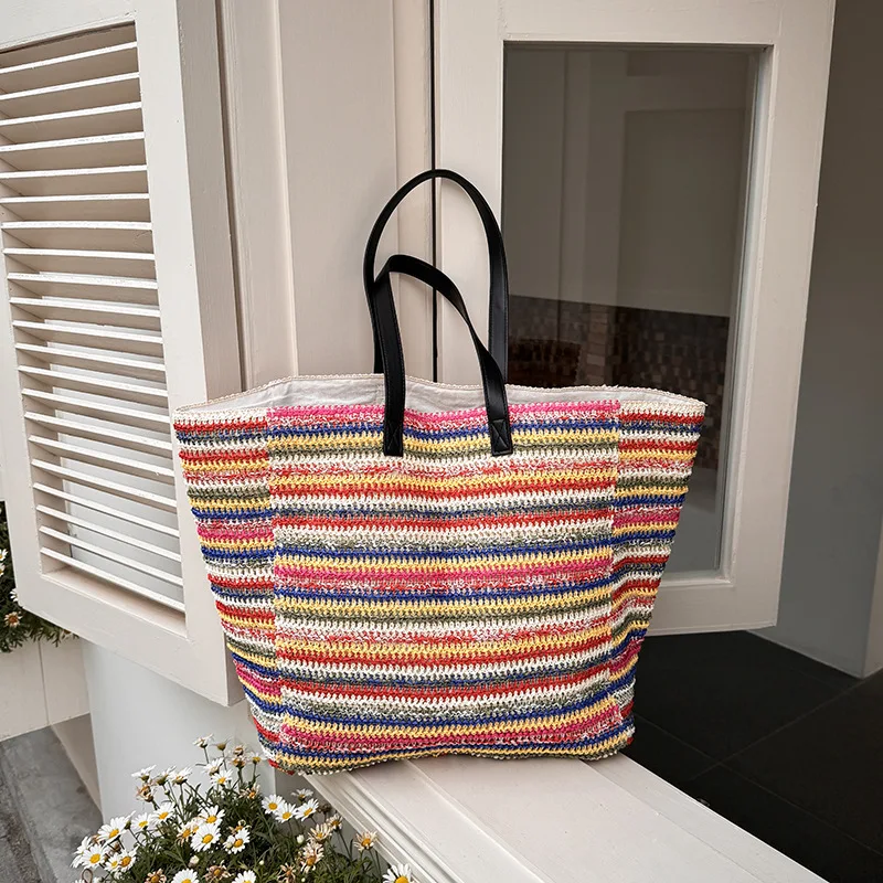 Straw Fabric Woven Design Women Tote Bags Rainbow Color Large Capacity Summer Beach Shoulder Shopper Bag Casual Commute Handbags