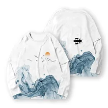

Full Sleeve Chinese Style Couple Shirts Casual O-Neck Print Landscape Painting T-Shirt Large Size Polyester Underwear Home Coat