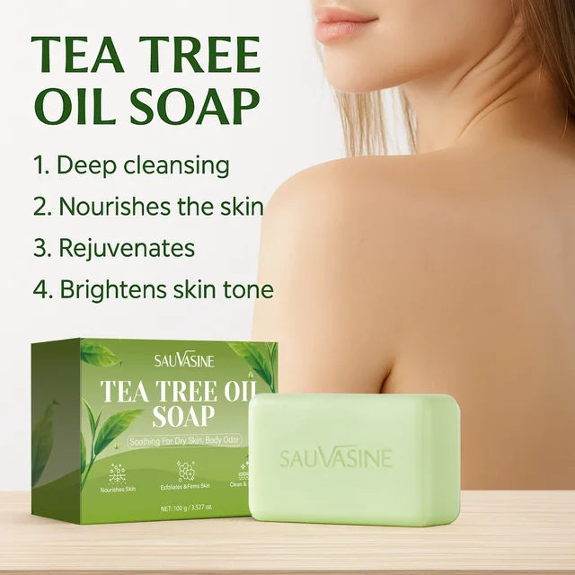 Barre de savon à l'huile d'arbre à thé pour hommes et femmes, nettoyage en profondeur, apaisant pour la peau sèche, soin des odeurs corporelles, exfolie et raffermit la peau, 100g 1
