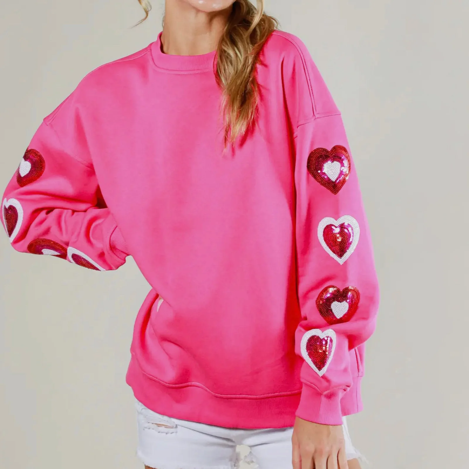 

Women’s Valentine's Day Cute Sweatshirts Glitter Heart Long Sleeve Round Neck Pullovers Oversized Tops