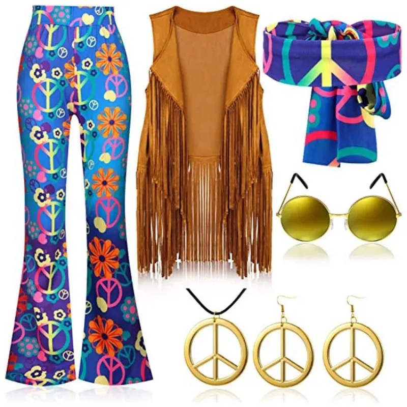 Hippie Disco 60s 70s Cosplay Costume Women Peace Love Girls Hip Indian Tassels Hippie Vest Cardigan Halloween Carnival Party cosplay costume