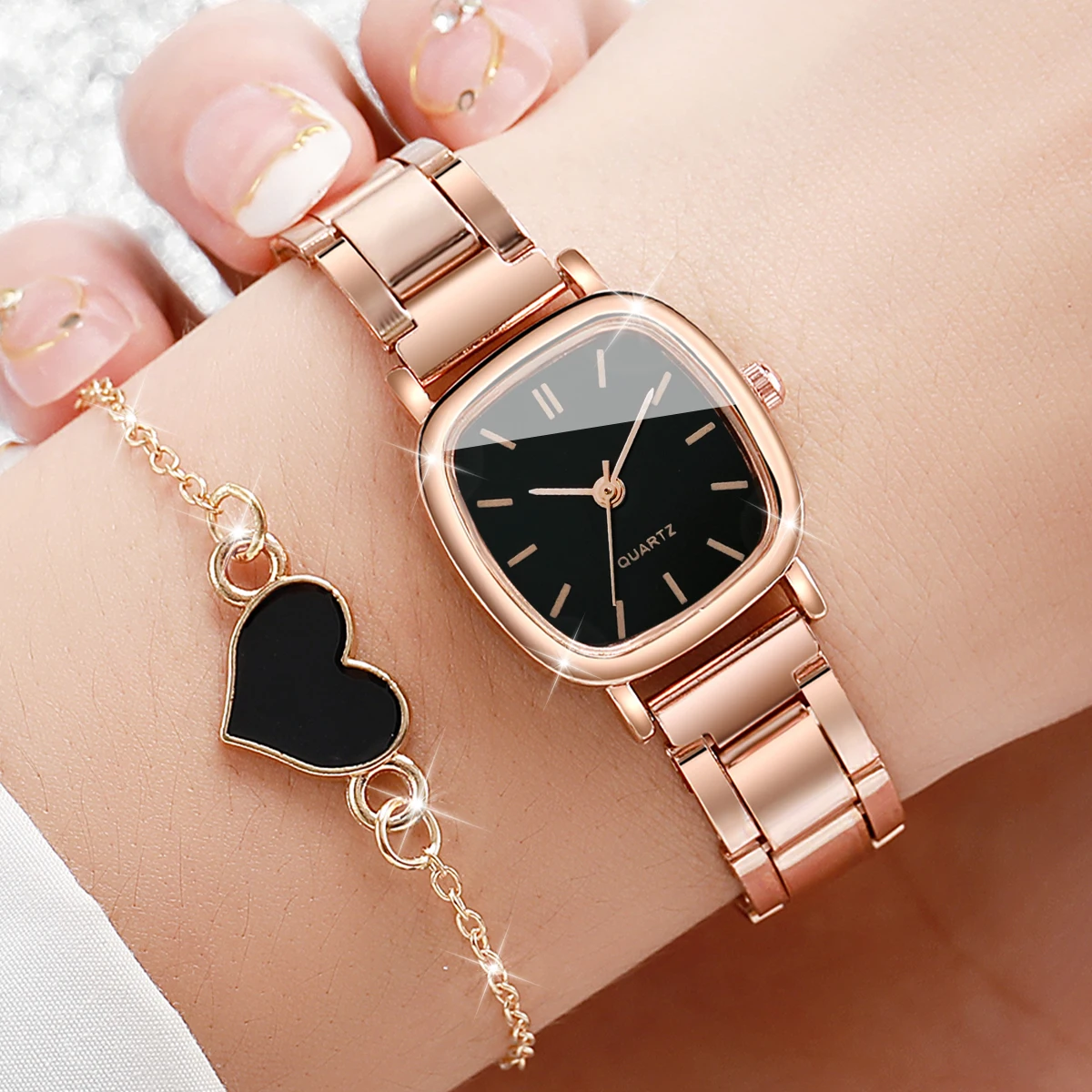 2PCS/Set Women Fashion Stainless Steel Quartz Watch & Love Heart Bracelet