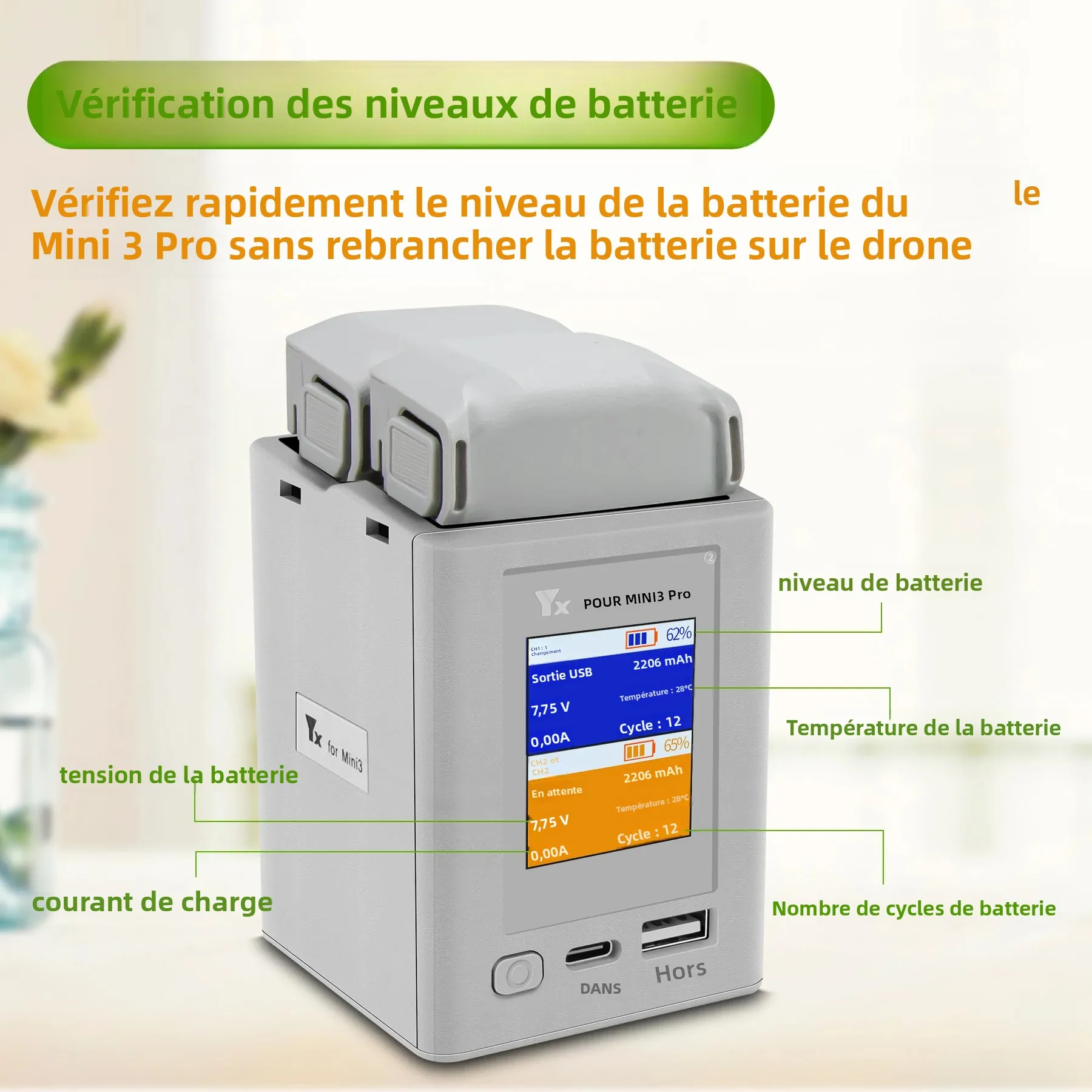 Chargeur batterie drone double avec écran LCD posé sur une table, câble USB-C PD visible