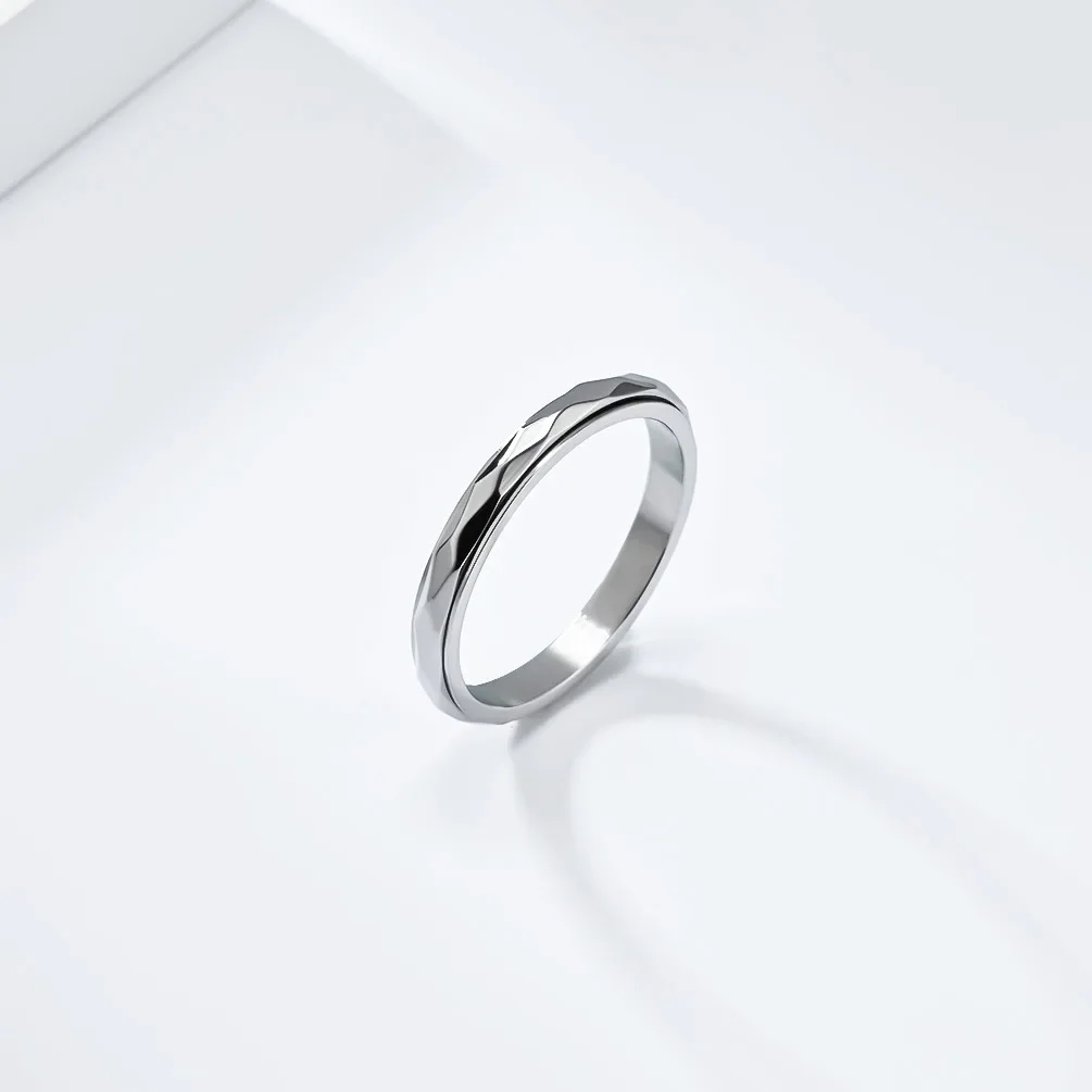 3mm Width Stainless Steel Rotatable Fidget Ring Women Men Small Rhombus Surface Spinner Ring