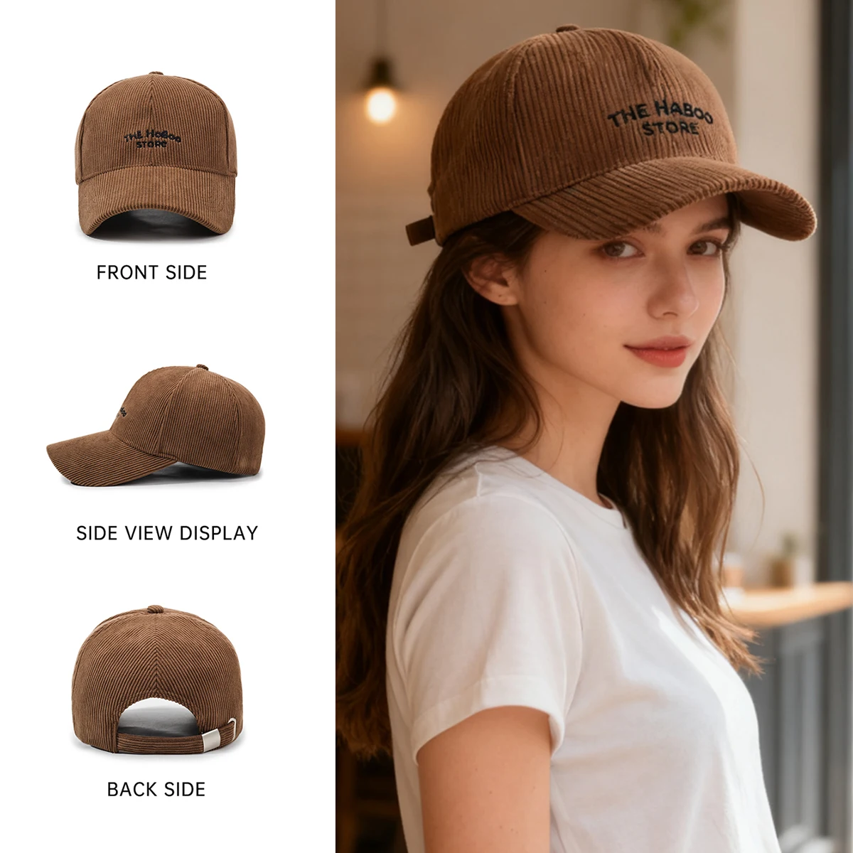 New Autumn and Winter Corduroy Baseball Cap for Women, Simple Letter Embroidery, Hard Brim, Retro Workwear Cap for Men, Warm for Outdoor Activities, Camping, and Work