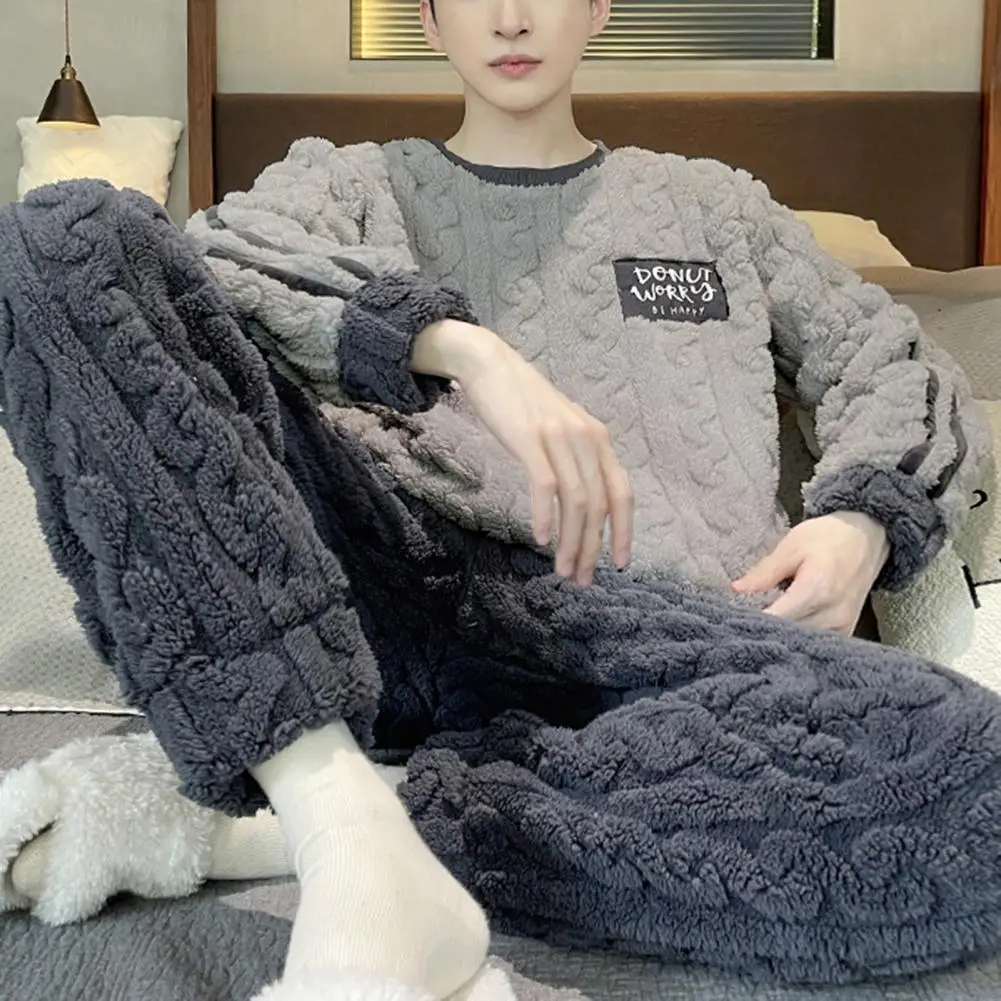 2Pcs/Set Men Winter Coral Pajama Set Round Neck Long Sleeve Thick Twisted Texture Loose Elastic Waist Warm Homewear Top Pant Set