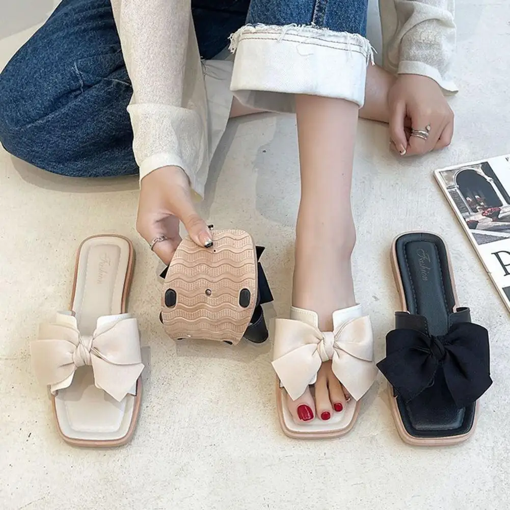 

Beach Slippers Elegant Bowknot Women's Flat Sandals for Summer Indoor Outdoor Beach Wear Anti-slip Casual Ladies Slippers