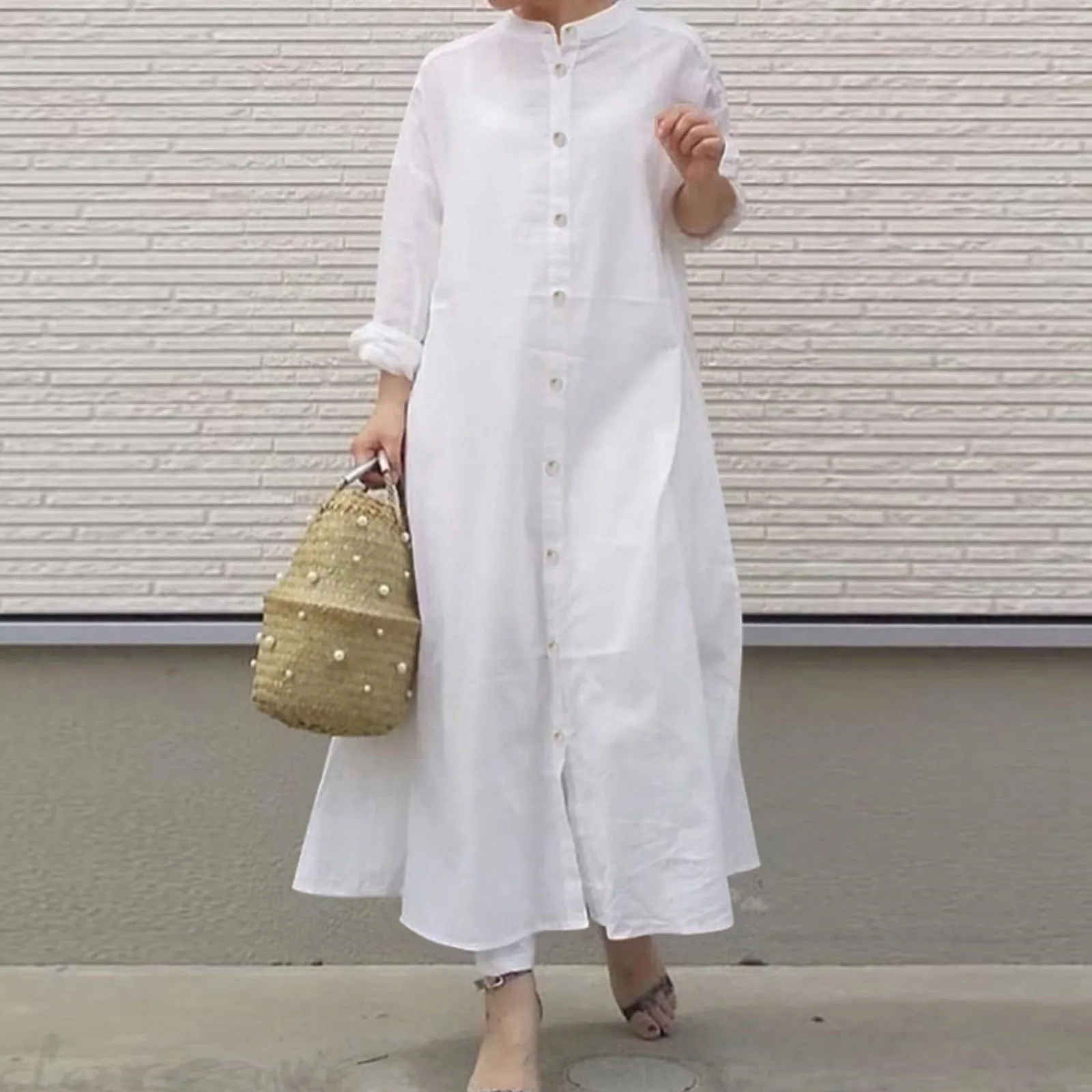 Vestido Holgado De Verano Para Mujer, Prenda De Manga Larga Con Cuello Simulado Plisado El Stico