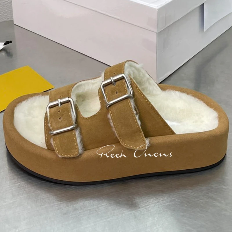 

Female Lazy Slippers Winter New Hollow Upper Open Toe Thick Bottom Sandals Buckle Strap Design Wool Material Ladies Slippers