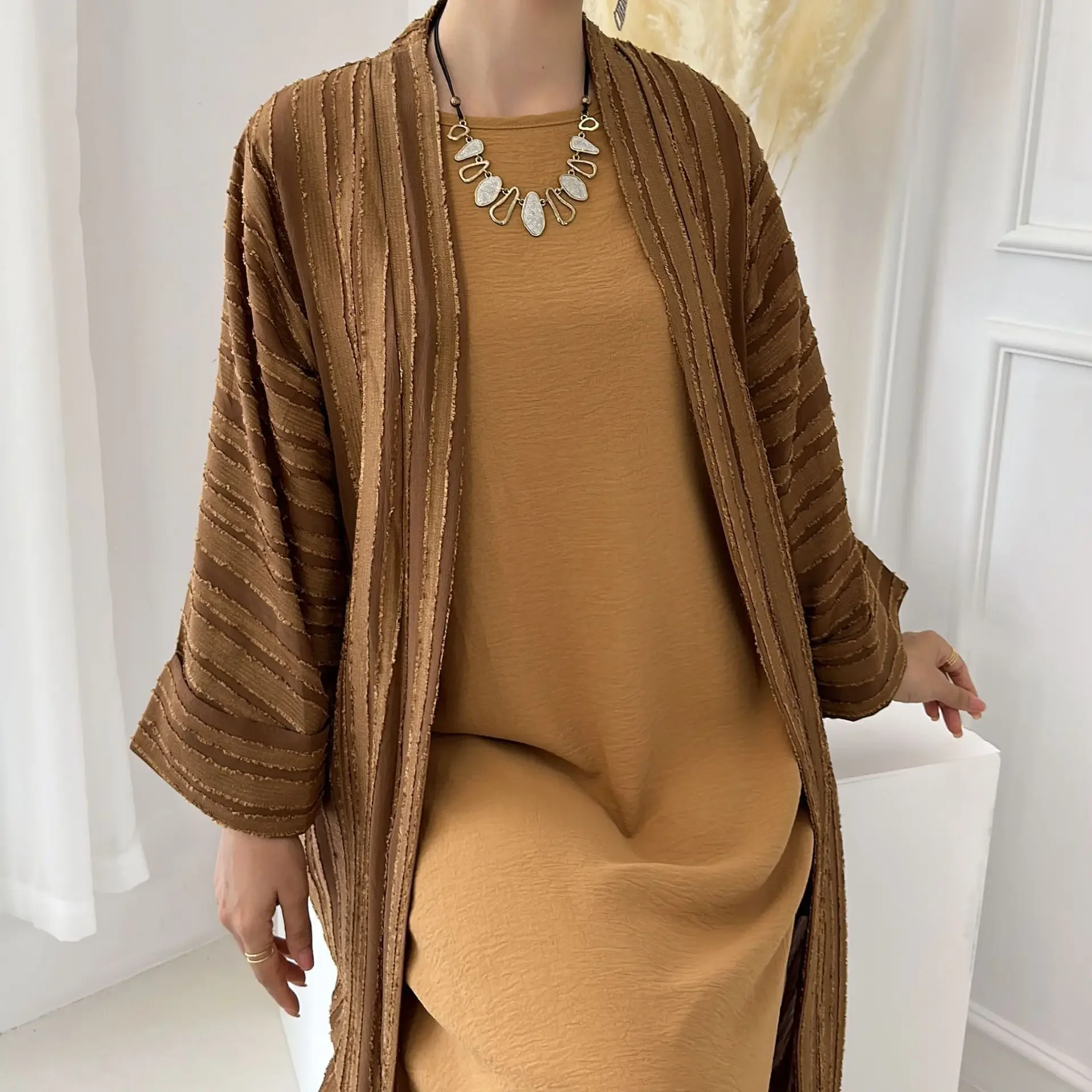 Eid Plain Kimono Abaya with Inner Dress 2 Piece Set Striped Open Abayas for Women Dubai Turkey Arabic Muslim Islam Outfit Kaftan