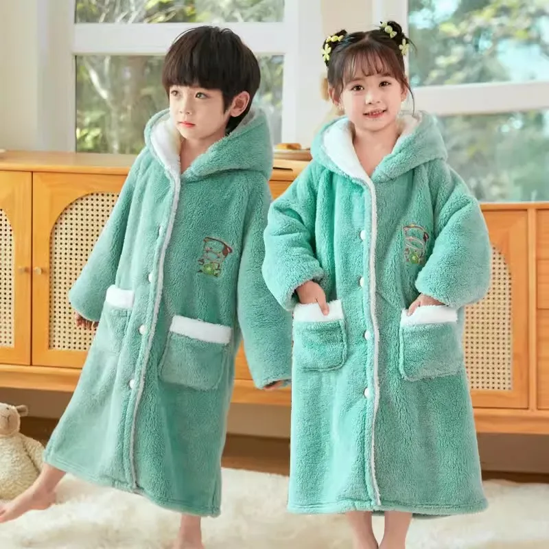 Winter Bathrobe Kids Thicken Warm Flannel Homewear Children Boys Cartoon Bear Nightwear Girls Princess Pink Hooded Button Robes
