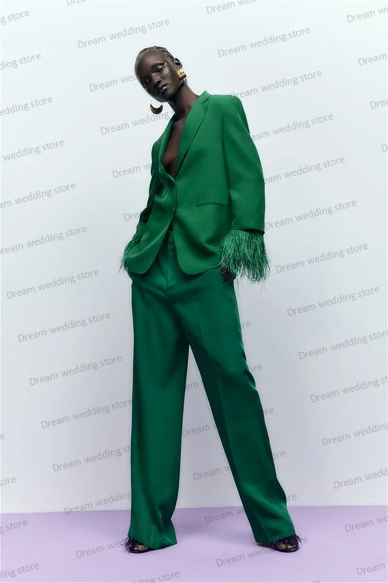 

Ostrich Feather Green Women Suit Set 2 Pieces Formal Jacket+Pants Wedding Tuxedo Guest Prom Dress Custom Made Blazer Coat
