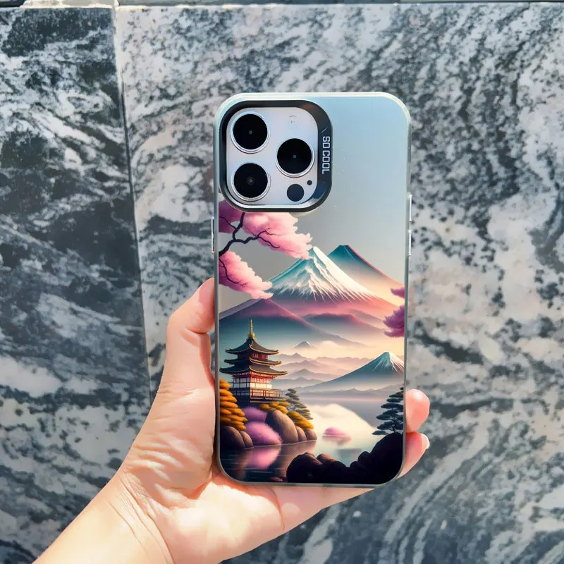 Japanese Aesthetic Mount Fuji Landscape Shockproof Phone Case with Laser Design