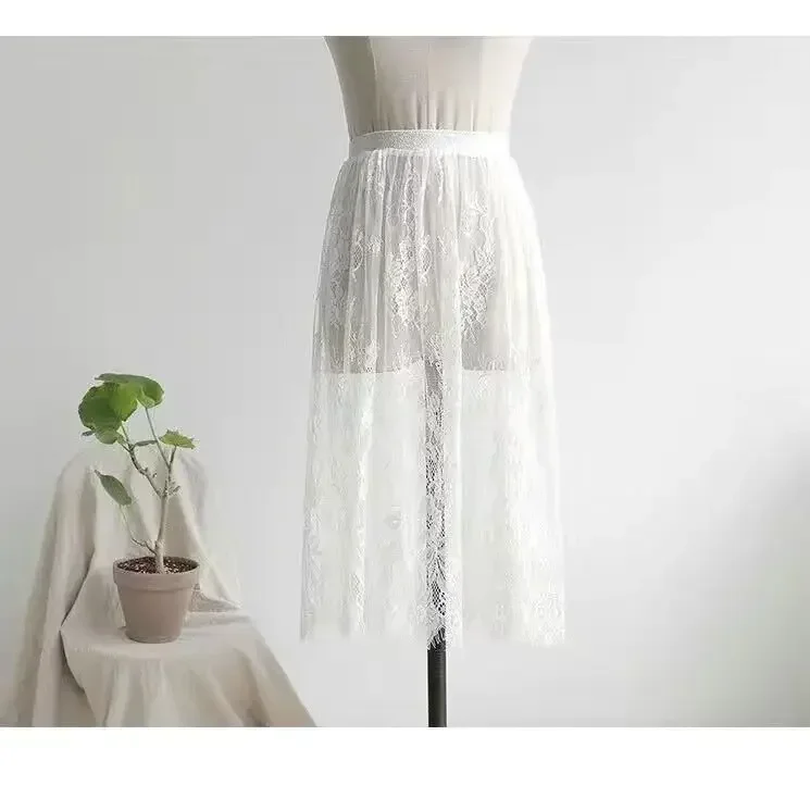 Women Sexy Mesh Lace Transparent Long Tulle Skirt Korean Fashion Summer Ladies Elastic High Waist Black White Beach Midi Skirtt