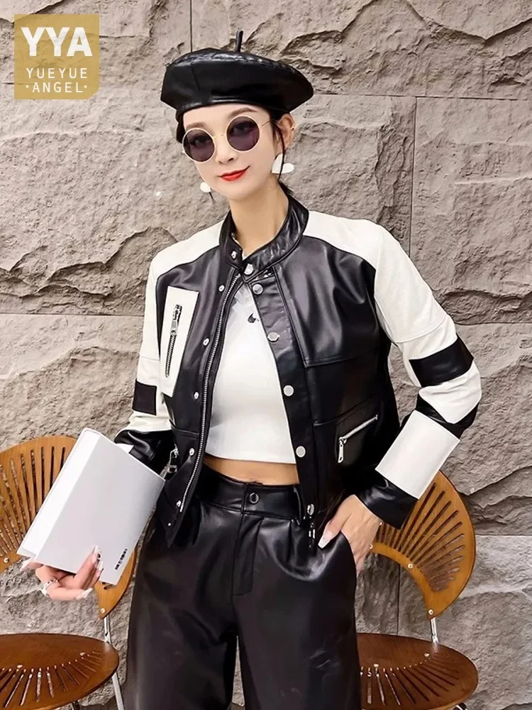 

Fashion Spring Women Colors Mixed Real Sheepskin Genuine Leather Jacket Stand Collar Slim Fit Vintage Casual Moto Outwear Coat