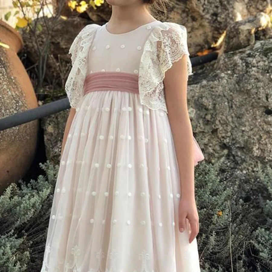 Simple Applique Flower Girl Dress Kids Birthday Short Sleeve Princess Sweetheart Floor Length Wedding Lace Beach Prom Dresses