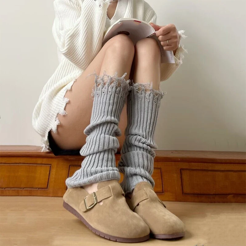 

Women Steampunk Y2K Stacked Broken Sock Tassel Solid Color Socks Leg Warmers Cover Lolita Style Harajuku Gothic