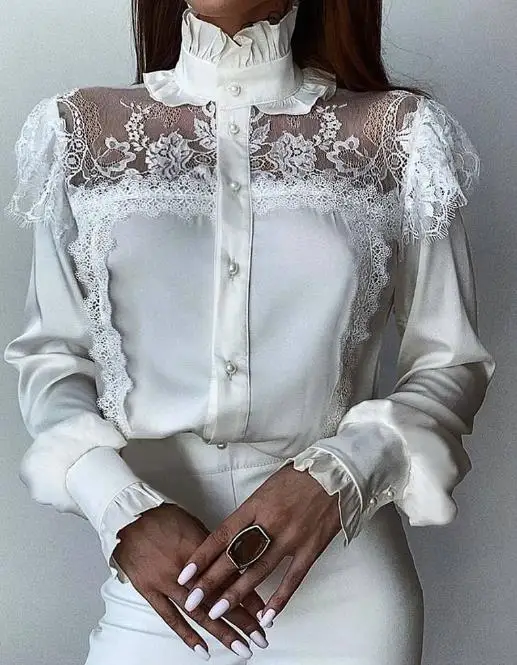 Elegant Women's Tops Autumn 2023 Fashion Commuting White High-Neck Mesh Lace Stitching Button Wood Ear Long-Sleeved Shirt Tops chicken wing wood massager stimulates facial head abdomen neck acupoints to relieve muscle soreness and provide health care