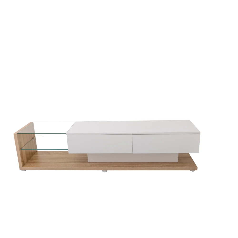 PINGGO Moderner, natürlicher, weißer Hochglanz-TV-Schrank im Landhausstil mit Glastrennwänden und variabler LED-Beleuchtung für das Wohnzimmer – Detail 15