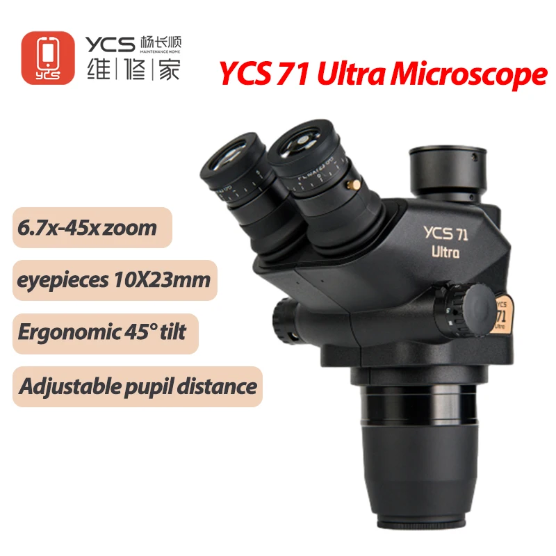 새로운 YCS 71 울트라 HD 삼안 현미경 헤드 0.67X-45X 줌, 휴대폰 전자 수리 현미경 카메라용