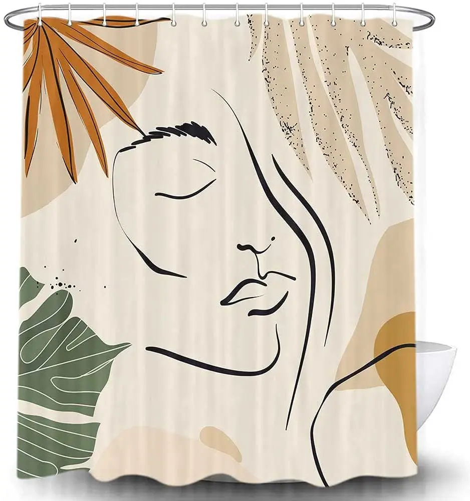 

Modern Abstract Human Face Aesthetic Shower Curtain Mid Century Bohemian Boho Woman Girl Leaves Minimalist Art Bathroom Curtains