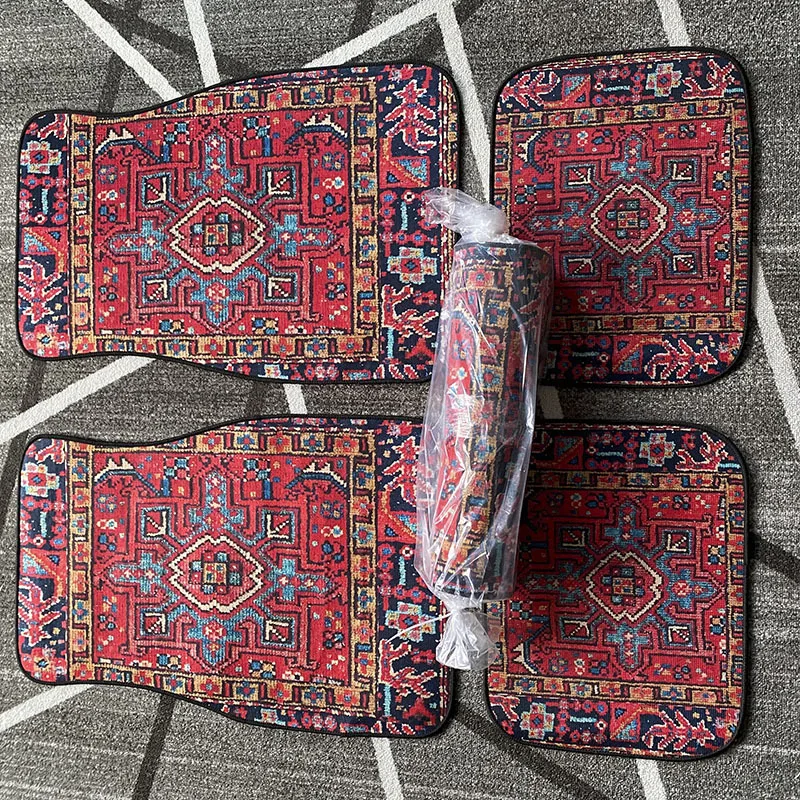 Tapis Voiture Bohème – 4 Pièces (avant + Arrière) Antidérapants, Motifs Rétro, Protection Solide
