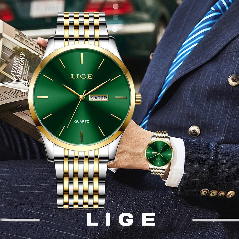 LIGE Business Fashion Watch Stainless Steel Band Top Brand Luxury Quartz Watches for Men Casual Waterproof Date Weeks Man Clocks