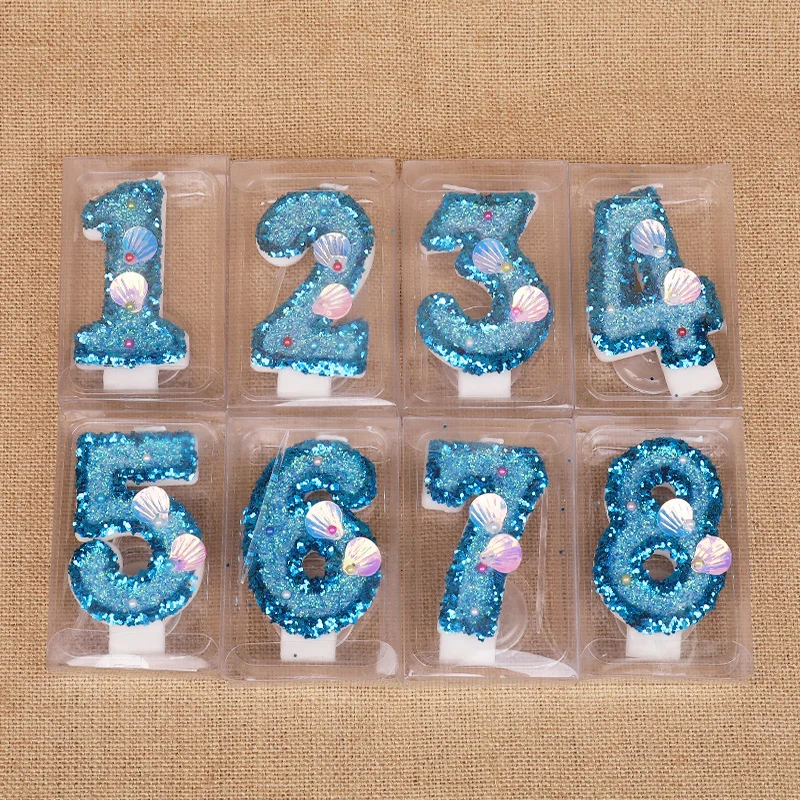 Glitzernde blaue Zahl Kerzen Kuchendeckel Kinder Junge Mädchen Geburtstag Party Kuchen Dekoration Meerjungfrau Partyzubehör Unter dem Meer Dekor – Detail 5