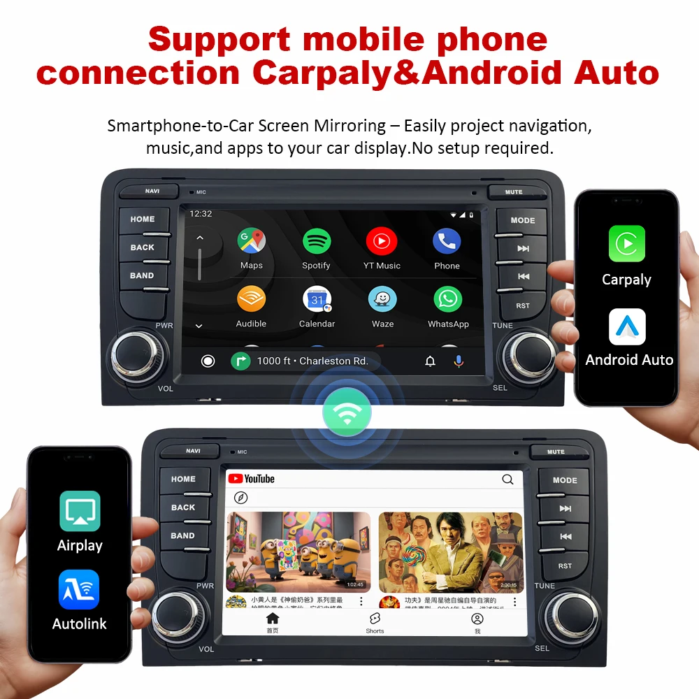 Radio para coche inalámbrico de 7 pulgadas con Carplay, Android Auto, Linux, para Audi A3 8P 2003-2012, reproductor multimedia de vídeo, pantalla táctil con YouTube en línea, Airplay, Autolink, Mirror Link, WiFi, Bluetooth, navegación GPS 5