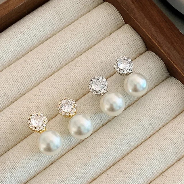 Boucles d'oreilles romantiques françaises simples incrustées de perles rondes en Zircon pour filles, nouveaux bijoux à la mode, accessoires de luxe pour femmes, 2025