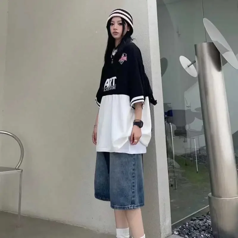 여성용 하이 스트리트 레트로 청바지 반바지, 헐렁한 와이드 레그 데님, 하프 팬츠, 패션 스트리트웨어, Y2k 의류, 오버사이즈, 여름 신상