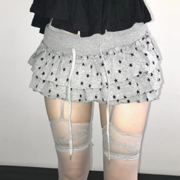 Y2k Star Print Sexy Women Summer Grunge Emo 2000s Acubi Mini Kawaii Ruffle Low Waist Korean Fashion Skirt Cutecore Alt Clothes 1