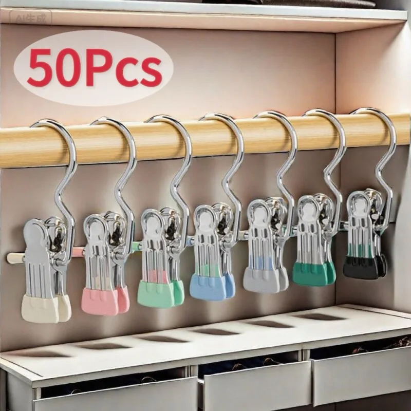 5-50PCS Stainless Steel Clothespins Laundry Clothes Pegs with Hook Pants Hanger Portable Hanging Clips Closet Clothes Organizer