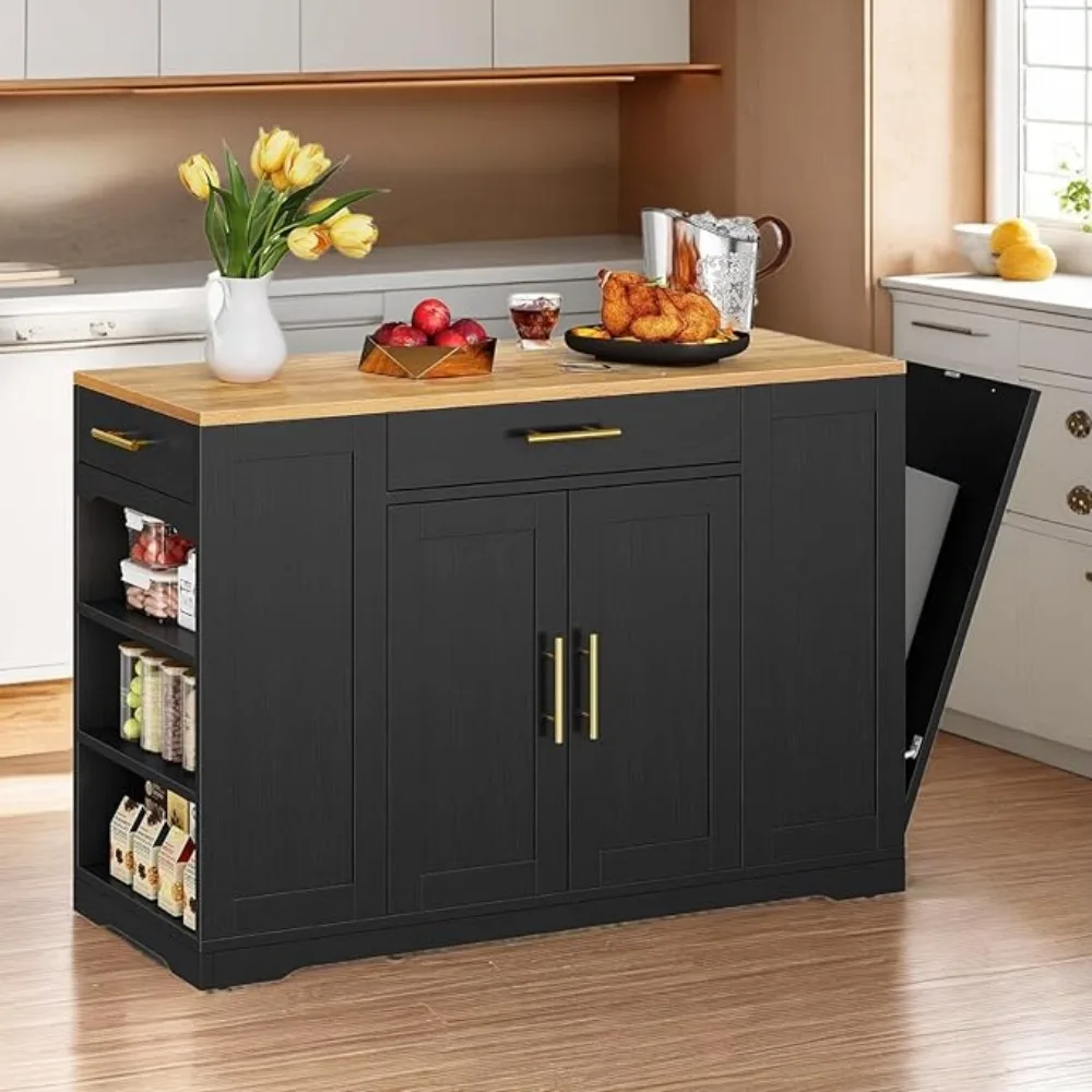 53 Inch Large Rolling Kitchen Island with Trash Can Storage Cabinet,Movable w Wheels Cabinet for 13 Gallon Garbage Bin 2 Drawer 4