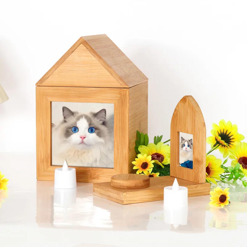 Wooden Handmade Pet Urns House and Candle Holders Set Funeral Supplies Cat Dog Cremation Urn for Ashes Pet Memorial Coffin Box