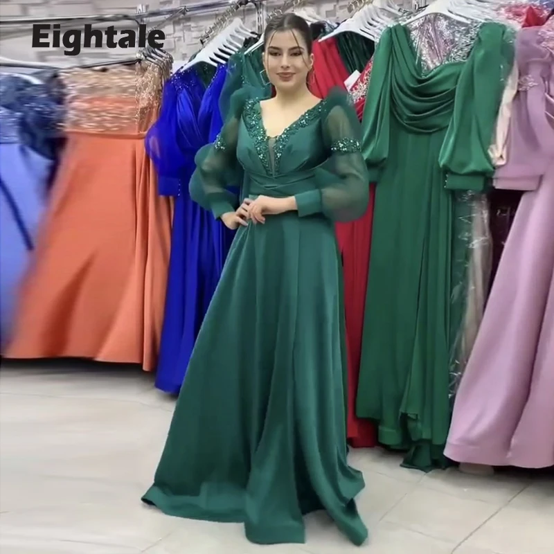 

Eightale Arabic Evening Dresses Long Puffy Sleeves Beaded Green Pleats Custom Made Formal Celebrity Prom Party Gowns 2022