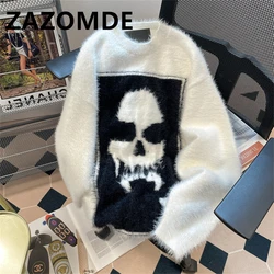 ZAZOMDE Winter Warm Sweaters Skull Head Patchwork Hip Hop Knitwear Sweaters For Men Y2k Pullovers O Neck Woolen Jumper Clohtes