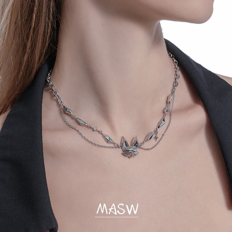 MASW Original Design Cool Trend High Quality Brass Thick Silver Plated Chain Fox Pendant Necklace For Women Jewelry Party Gift
