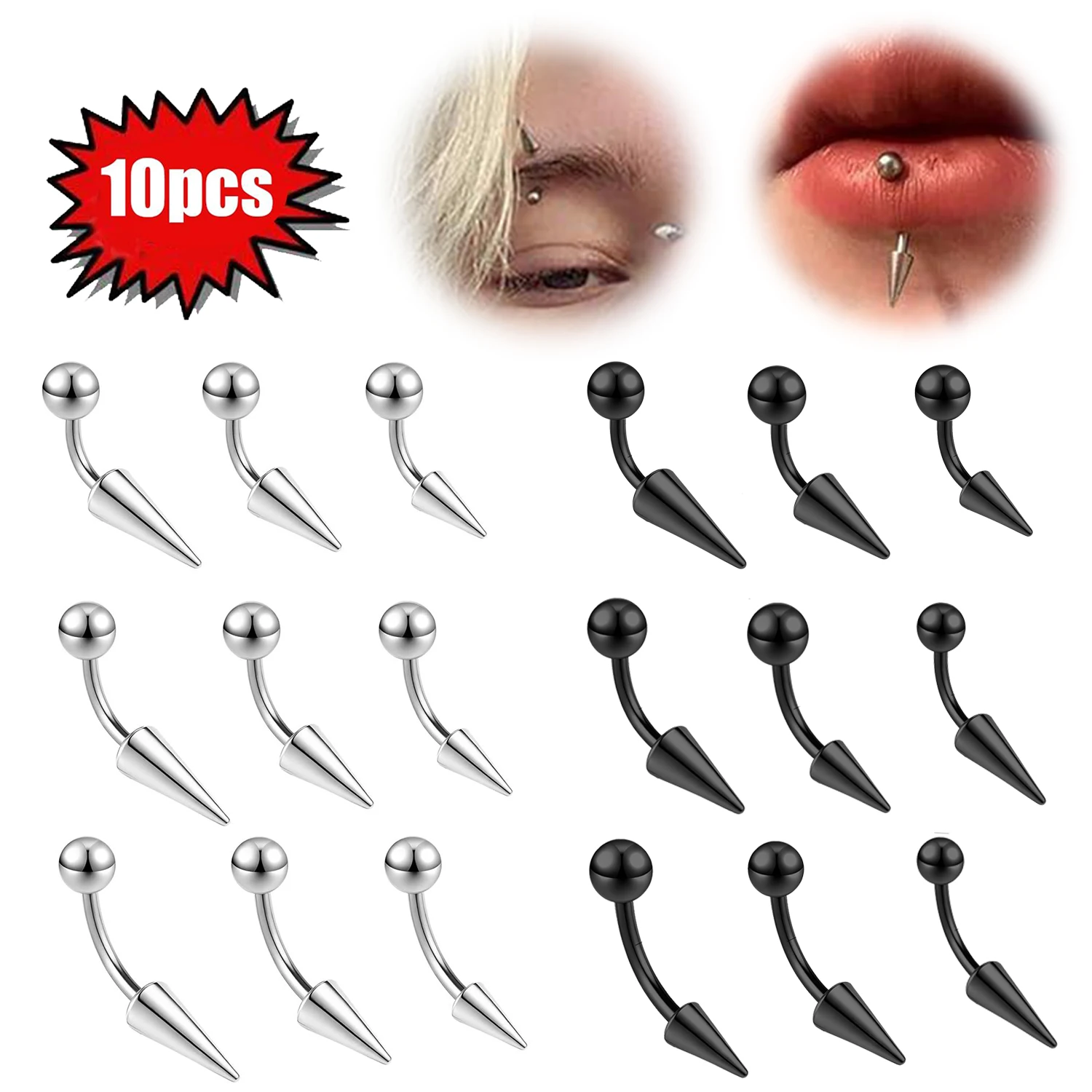 

ZS 10Pcs/lot 16G Spike Curved Barbell Eyebrow Ring Internally Threaded Eyebrow Piercing Cone Helix Earring 6/8/10mm Lip Piercing
