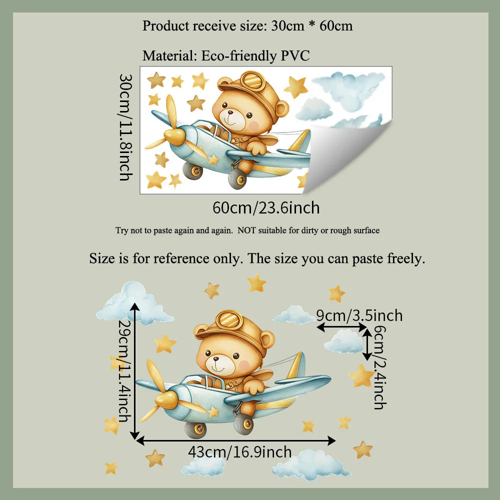 Cartoon Bear Airplane Wall Stickers Child Room Background Decoration Mural Kids Bedroom Home Decor Self-adhesive Nursery Decals