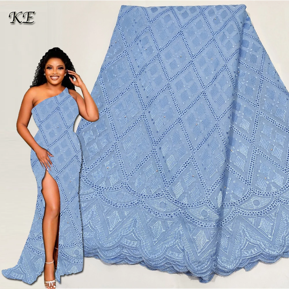 

Latest African Lace Fabric 2022 Sky Blue Swiss Voile Lace Cotton Dubai Beaded Fabrics For African Aso Ebi Wedding Dress
